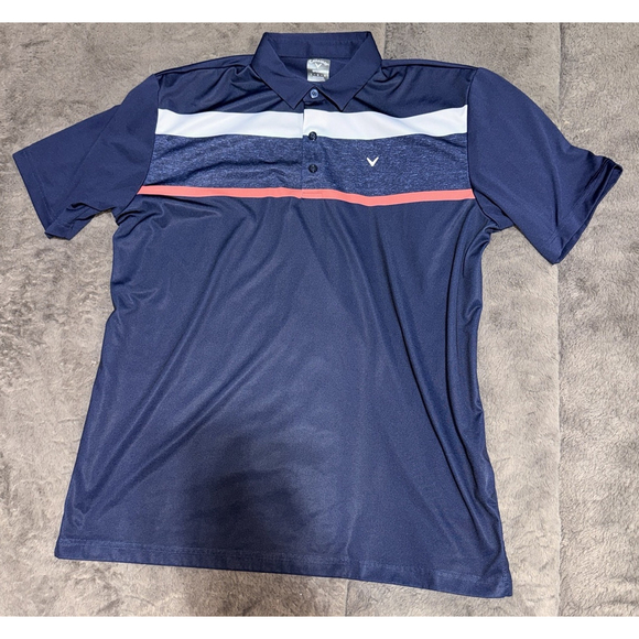 Callaway Golf Opti-Dry Polo Shirt Mens L Navy White Coral Stripe Performance - Picture 2 of 6